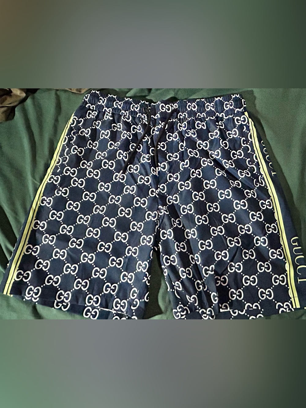 Gucci Navy and White GG Logo Swim Trunks with Contrast Stripe
